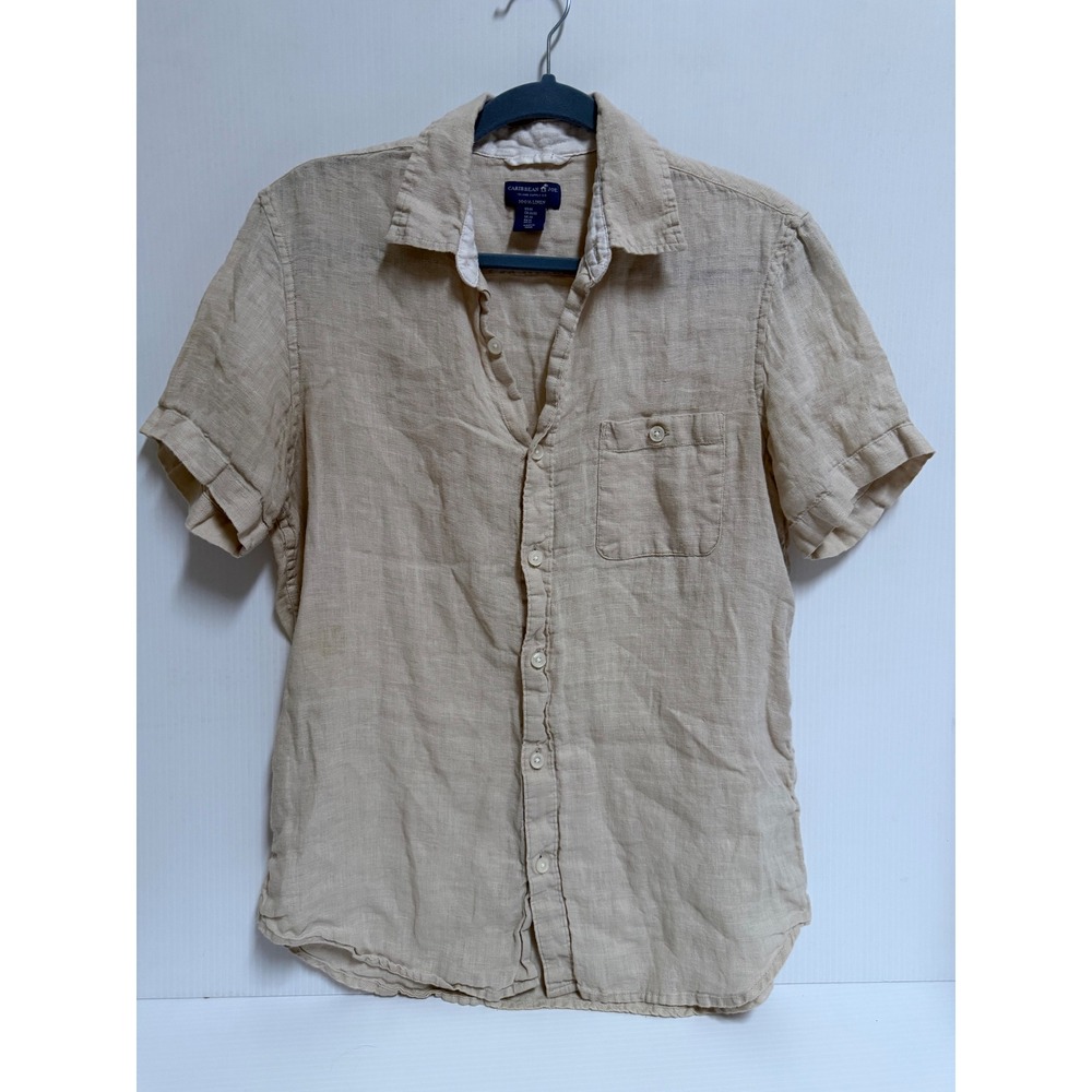 Caribbean Joe Mens Tan 100% Linen Short Sleeve Button Down Shirt Medium